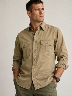 Vintage Banana Republic Safari Shirt Mens L Khaki 100% Cotton Hong Kong Tan